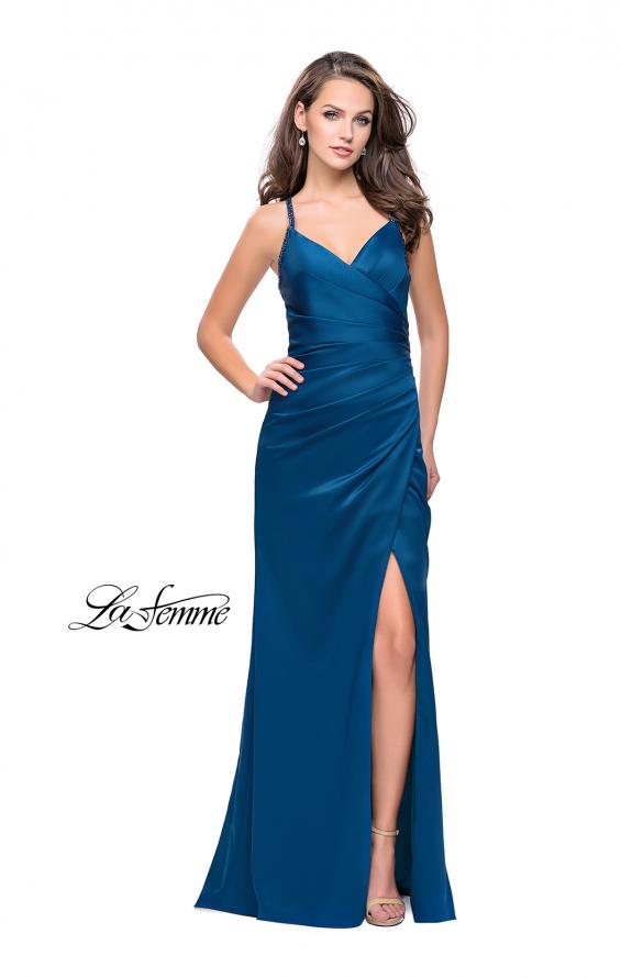Picture of: Satin Prom Dress with Ruching and Open Strappy Back in Teal, Style: 26036, Detail Picture 3