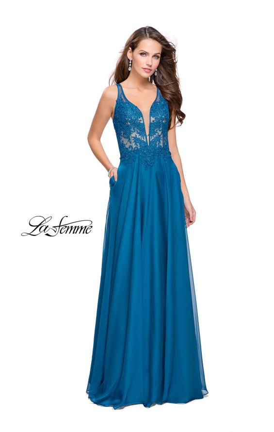 Picture of: Chiffon A-line Dress with Beaded Lace Bodice Teal, Style: 26082, Detail Picture 3