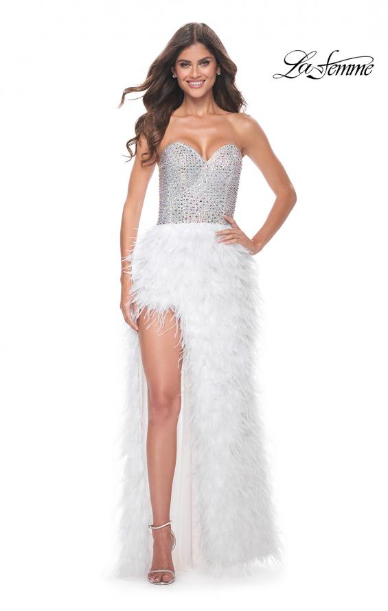 Picture of: Feather Prom Gown with High Slit and Full Rhinestone Strapless Bodice in White Feather, Style: 32165, Main Picture