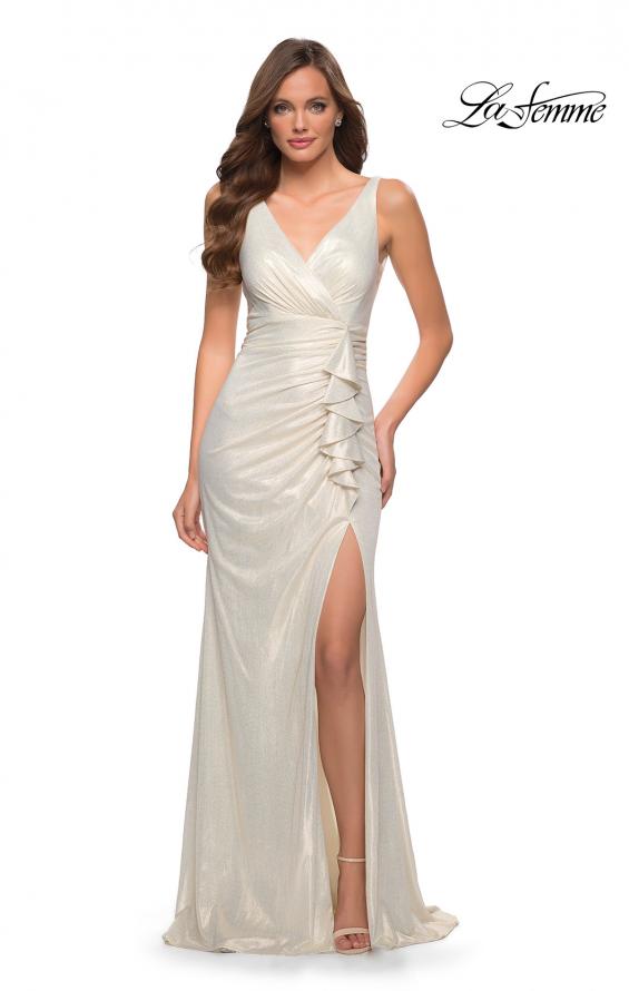 Picture of: Gorgeous Metallic Jersey Gown with Ruffle Detail in White Gold, Style 29759, Detail Picture 4