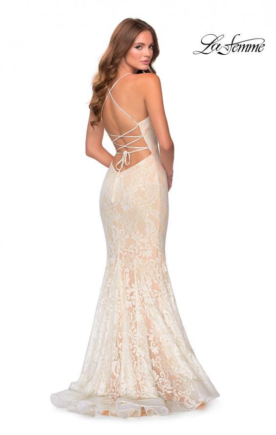 Picture of: Long Mermaid Lace Prom Dress with V Shaped Neckline in White/Nude, Style: 28504, Back Picture