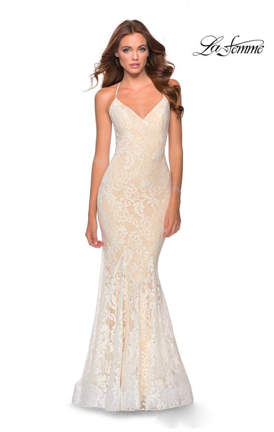 Picture of: Long Mermaid Lace Prom Dress with V Shaped Neckline in White/Nude, Style: 28504, Detail Picture 3