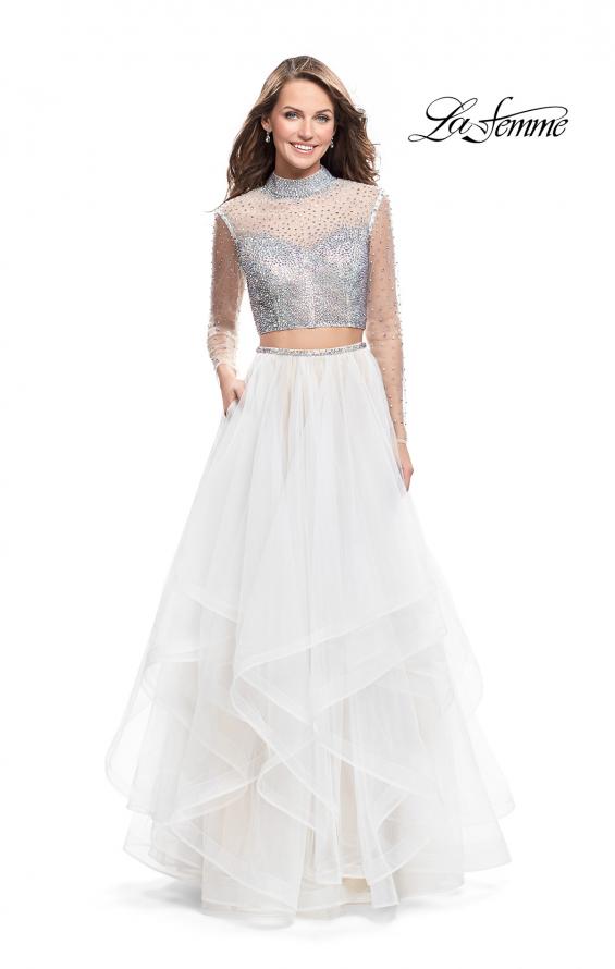 Picture of: Long Sleeve Two Piece Dress with Tulle Ruffle Skirt in White, Style: 25555, Main Picture