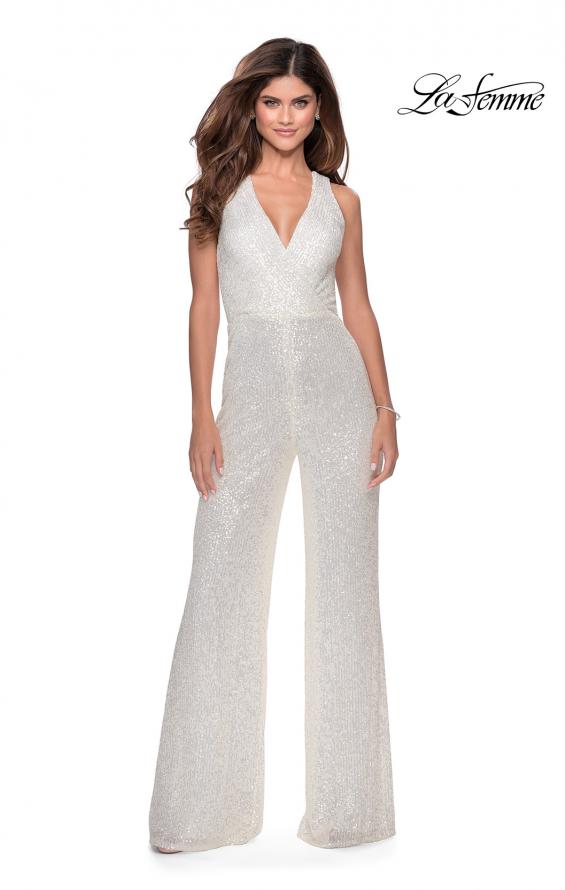 Picture of: Long Sequin Jumpsuit with Criss Cross Back in White, Style: 28719, Main Picture