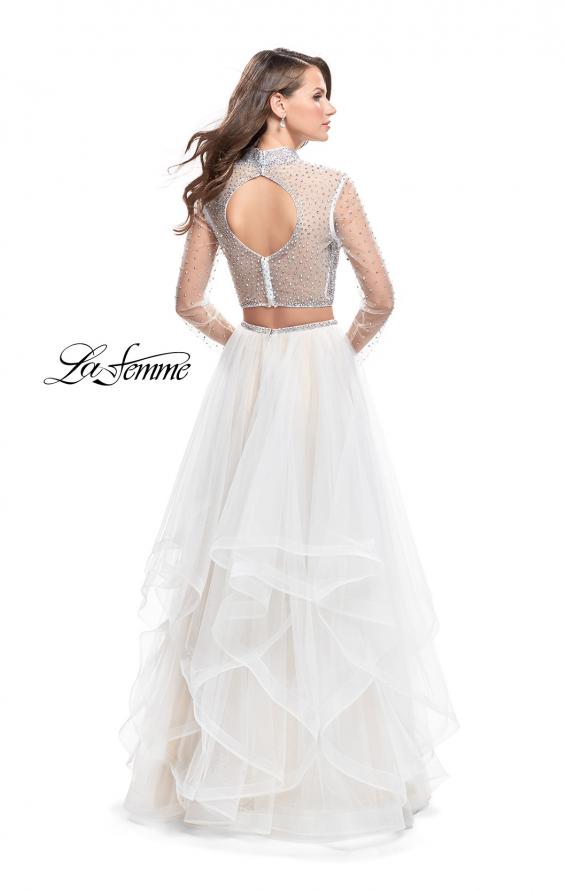 Picture of: Long Sleeve Two Piece Dress with Tulle Ruffle Skirt in White, Style: 25555, Back Picture