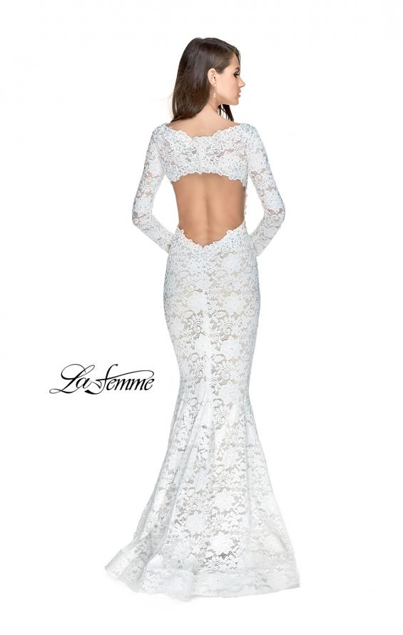 Picture of: Long Sleeve Lace Mermaid Prom Dress with Metallic Beads in White, Style: 25607, Back Picture