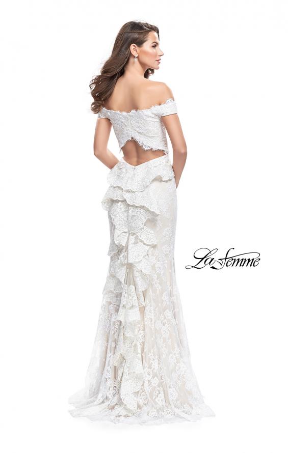 Picture of: Off the Shoulder Beaded Lace Gown with Ruffle Detail in White, Style: 26218, Back Picture