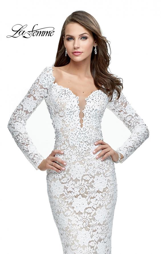 Picture of: Long Sleeve Lace Mermaid Prom Dress with Metallic Beads in White, Style: 25607, Detail Picture 1