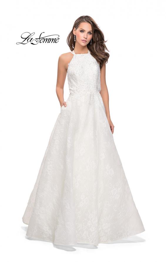 Picture of: High Neck A-line Gown with Beaded Bodice and Pockets in White, Style: 26337, Detail Picture 1