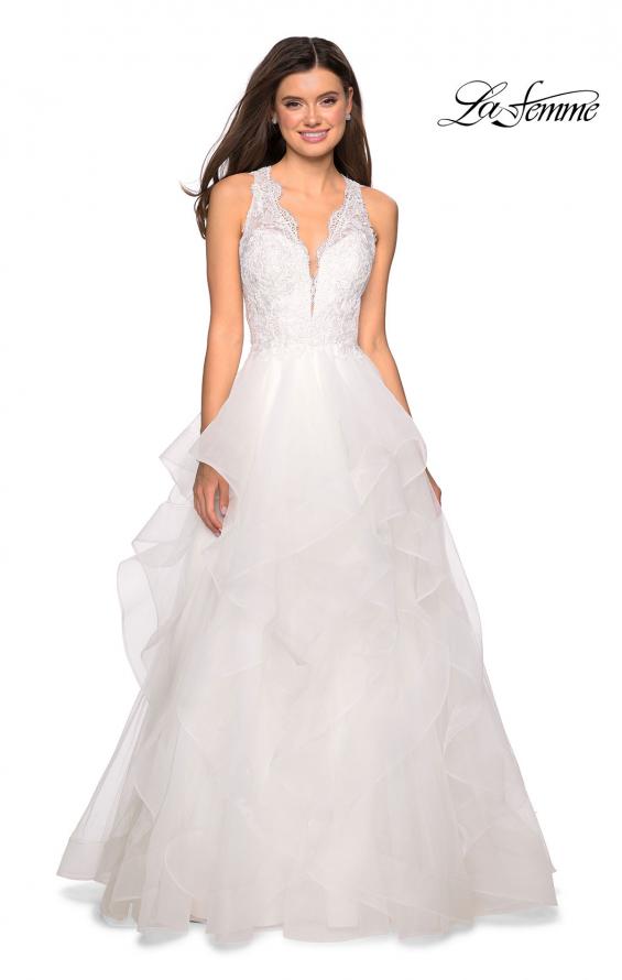 Picture of: Long Layered Tulle Dress with Lace Embellished Bodice in White, Style: 27570, Detail Picture 1
