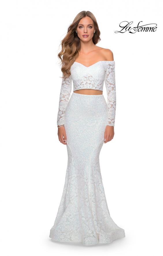 Picture of: Lace Sleeve Lace and Sequin Two Piece Prom Dress in White, Style: 28666, Detail Picture 2