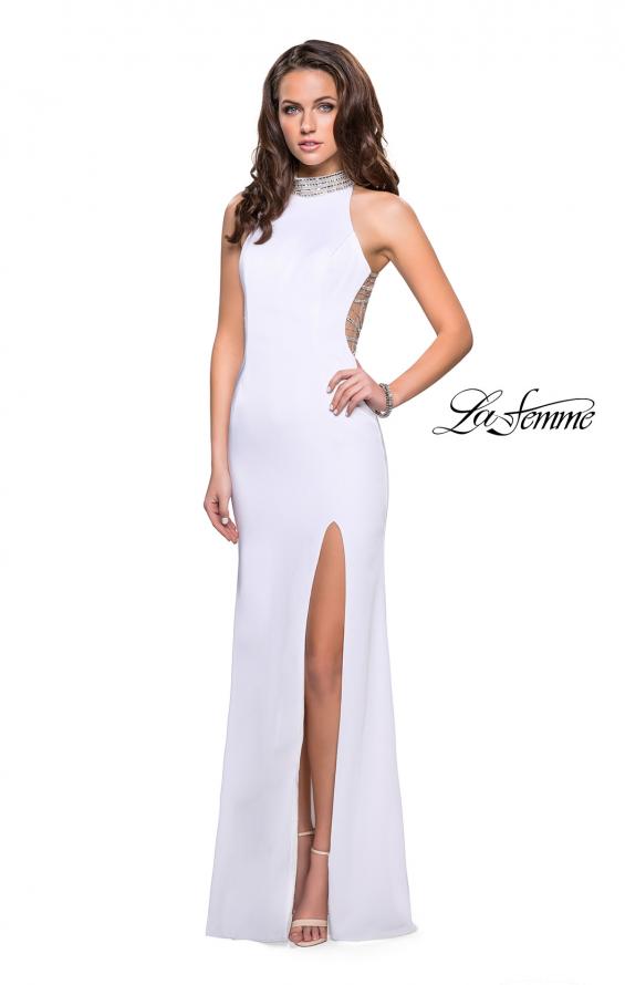 Picture of: Jersey Prom Gown with Metallic Beading and Leg Slit in White, Style: 25767, Detail Picture 3