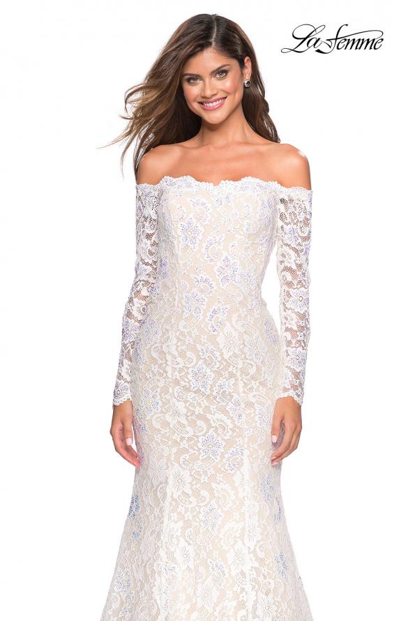 Picture of: Off the Shoulder Long Sleeve Lace Prom Gown in White, Style: 26393, Detail Picture 3