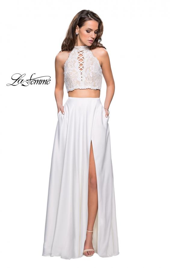 Picture of: Two piece gown with lace up top and satin A line skirt in White, Style: 25263, Detail Picture 4