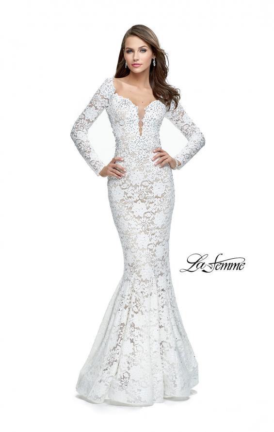 Picture of: Long Sleeve Lace Mermaid Prom Dress with Metallic Beads in White, Style: 25607, Detail Picture 2