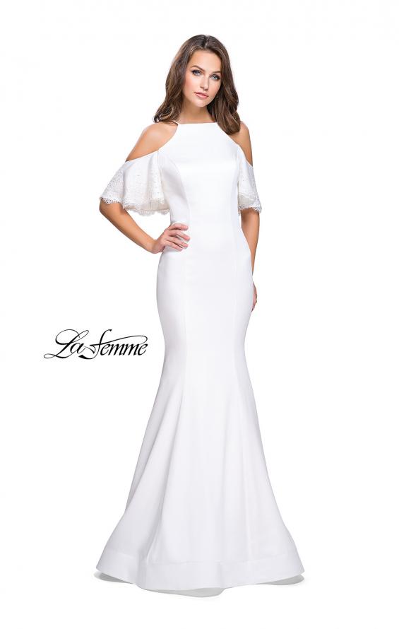 Picture of: Form Fitting Satin Mermaid Dress with Shoulder Cutouts in White, Style: 26145, Detail Picture 7