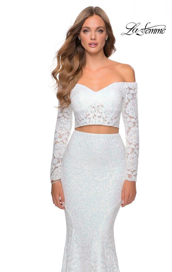 Picture of: Lace Sleeve Lace and Sequin Two Piece Prom Dress in White, Style: 28666, Detail Picture 7