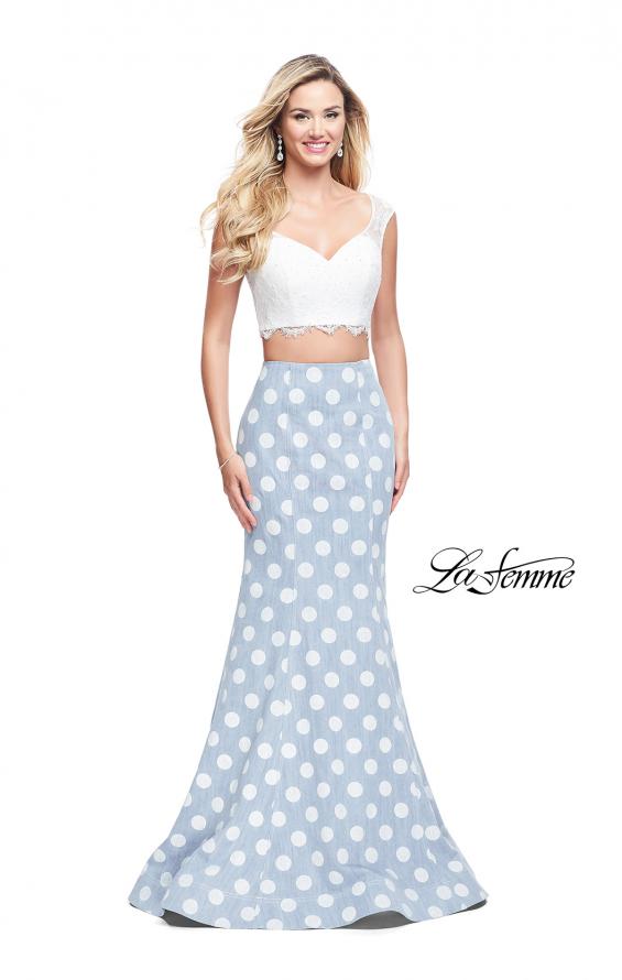 Picture of: Denim Polka Dot Two Piece Prom Dress with Lace Top in White Blue, Style: 26206, Main Picture