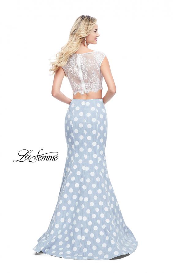 Picture of: Denim Polka Dot Two Piece Prom Dress with Lace Top in White Blue, Style: 26206, Back Picture