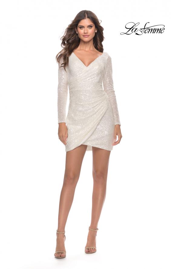 Picture of: Long Sleeve Sequin Dress with Ruching and Open Back in Whtie, Style: 30951, Detail Picture 9