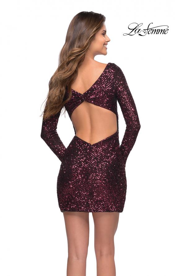 Picture of: Long Sleeve Sequin Dress with Ruching and Open Back in Wine, Style 30951, Back Picture