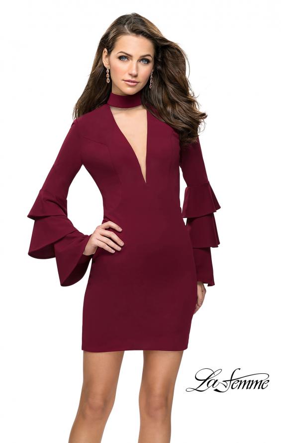Picture of: Short Homecoming Dress with Tiered Bell Sleeves in Wine, Style: 26639, Detail Picture 2
