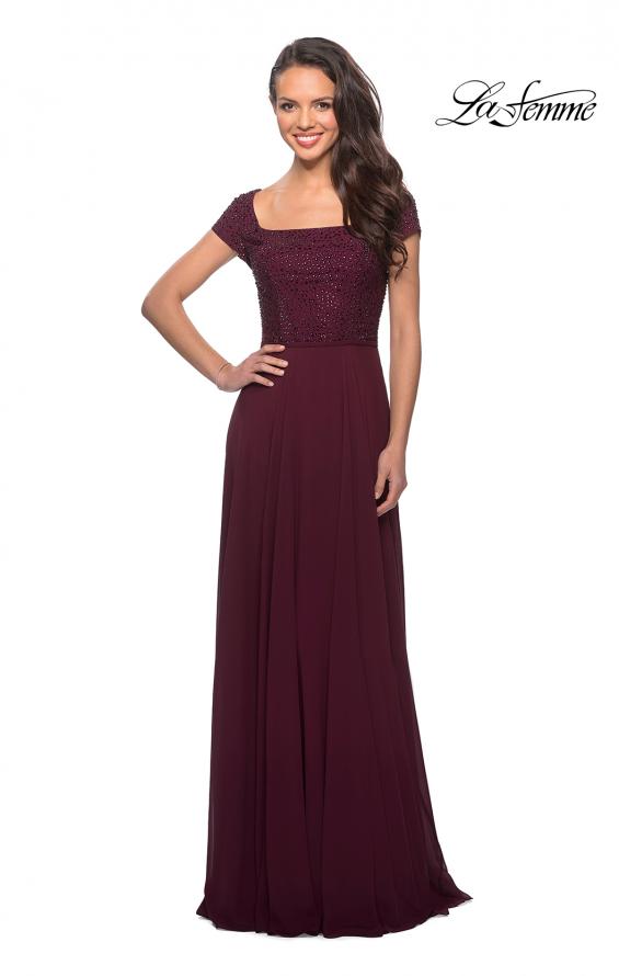 Picture of: Short Sleeve Long Gown with Beaded Bodice in Wine, Style: 26512, Main Picture