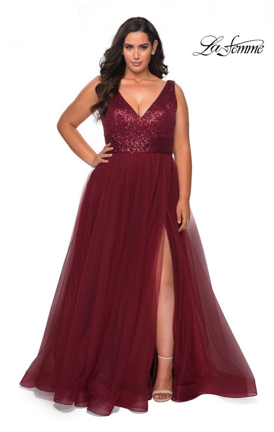 Picture of: Curvy A-line Prom Gown with Sequin Bodice and Tulle Skirt in Wine, Style: 29045, Detail Picture 2