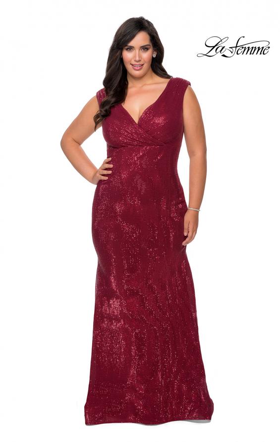 Picture of: Faux Wrap Bodice Sequin Plus Size Prom Gown in Wine, Style: 28962, Detail Picture 5