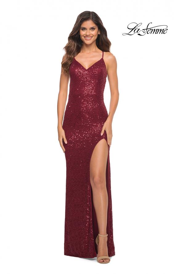 Picture of: Long Stretch Sequin Dress in Jewel Tones with Open Back in Wine, Main Picture
