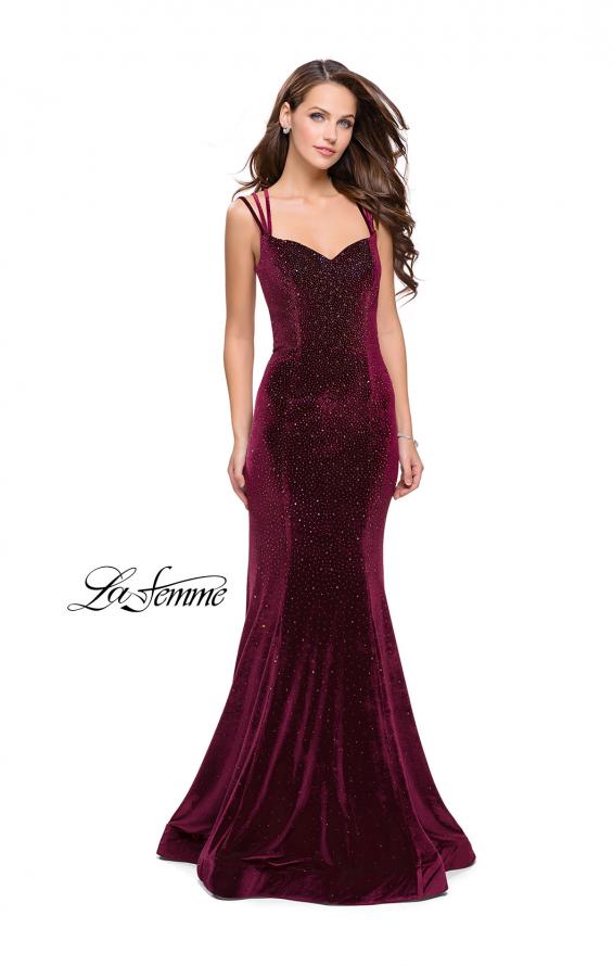 Picture of: Velvet Form Fitting Prom Dress with Intricate Back in Wine, Style: 25681, Back Picture