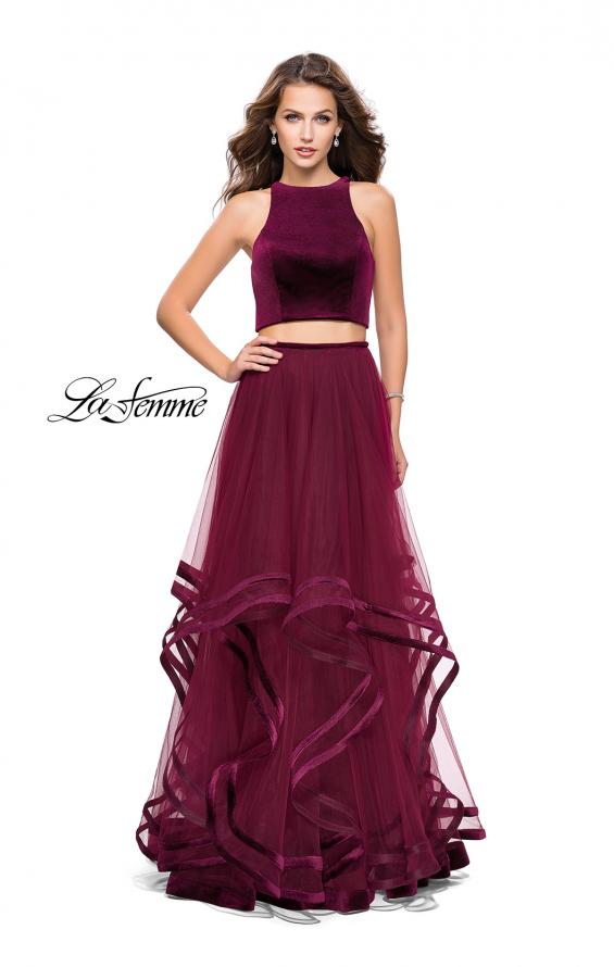 Picture of: Two Piece Tulle Gown with Velvet High Neck Top in Wine, Style: 25817, Detail Picture 1
