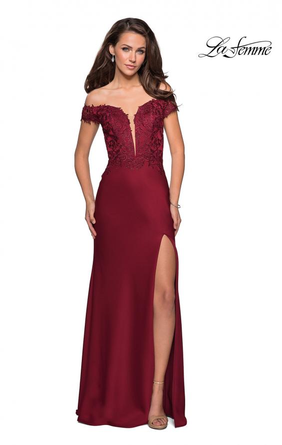 Picture of: Off The Shoulder Gown with Lace Bust and Slit in Wine, Style: 27097, Detail Picture 2
