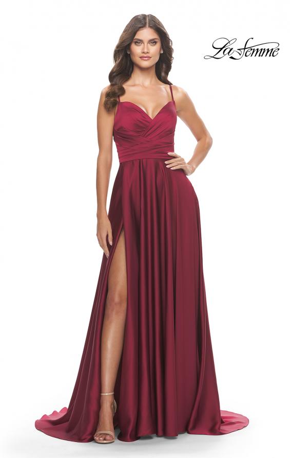 Picture of: Luxury Satin Gown with Criss Cross Bodice in Wine, Style: 31233, Detail Picture 2