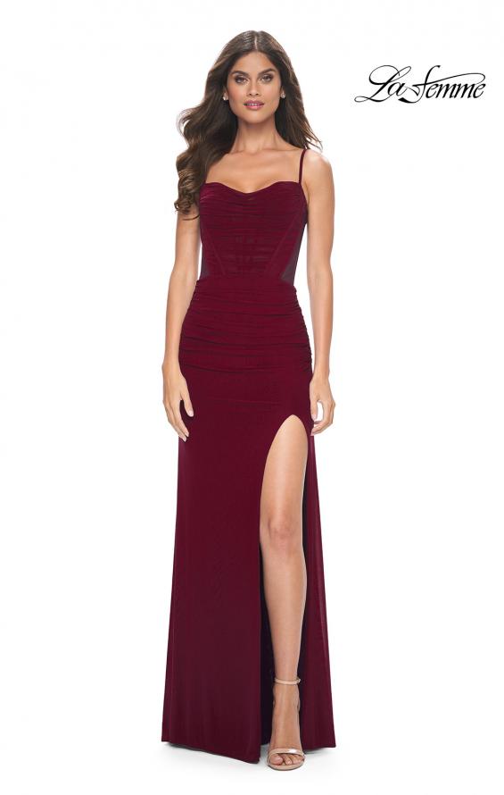 Picture of: Ruched Net Jersey Dress with Bustier Top and Illusion Back in Wine, Style: 32212, Detail Picture 2