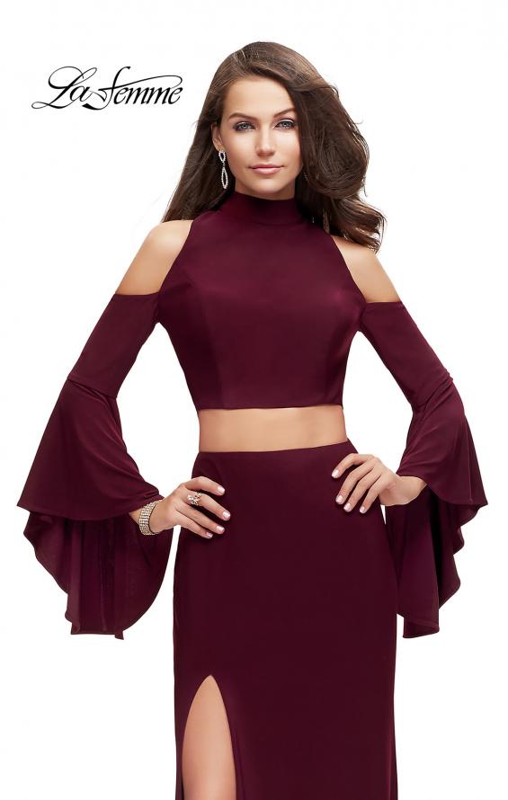 Picture of: Long Two Piece Dress with Cold Shoulders and Bell Sleeves in Wine, Style: 25353, Detail Picture 3