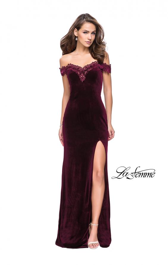 Picture of: Long Velvet Off the Shoulder Gown with Lace Detail in Wine, Style: 25591, Detail Picture 3