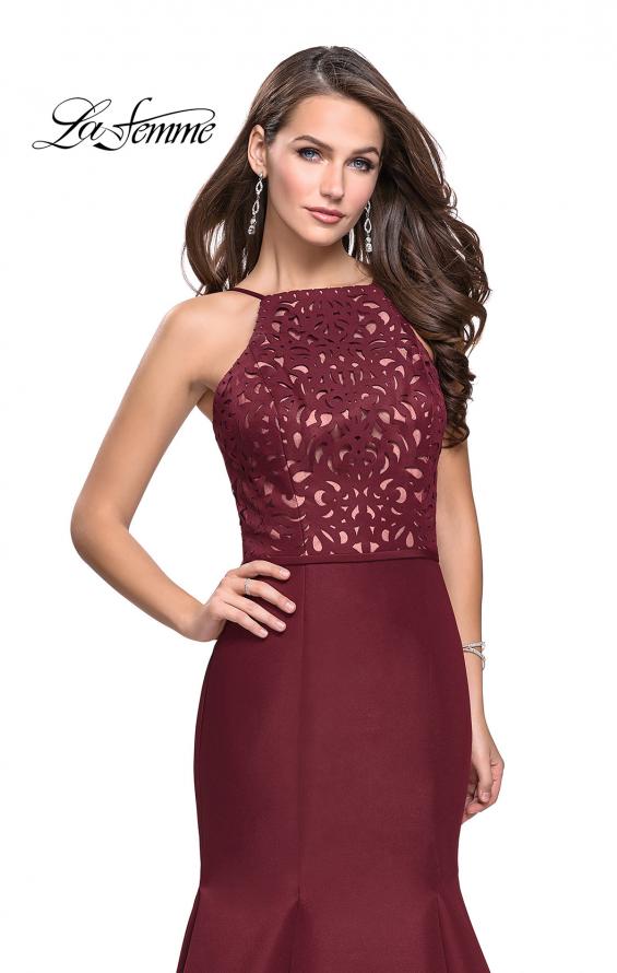 Picture of: Long Mermaid Prom Dress with Laser Cut Pattern Detail in Wine, Style: 25650, Detail Picture 3