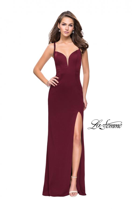 Picture of: Form Fitting Prom Dress with Metallic Straps and Slit in Wine, Style: 26021, Detail Picture 5