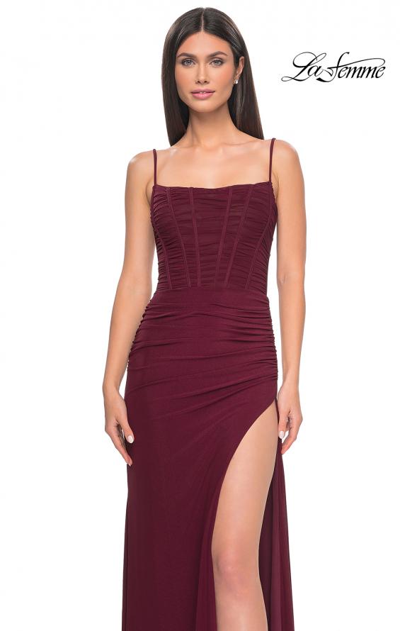 Picture of: Bustier Net Jersey Prom Dress with Ruching and High Slit in Wine, Style: 32161, Detail Picture 5