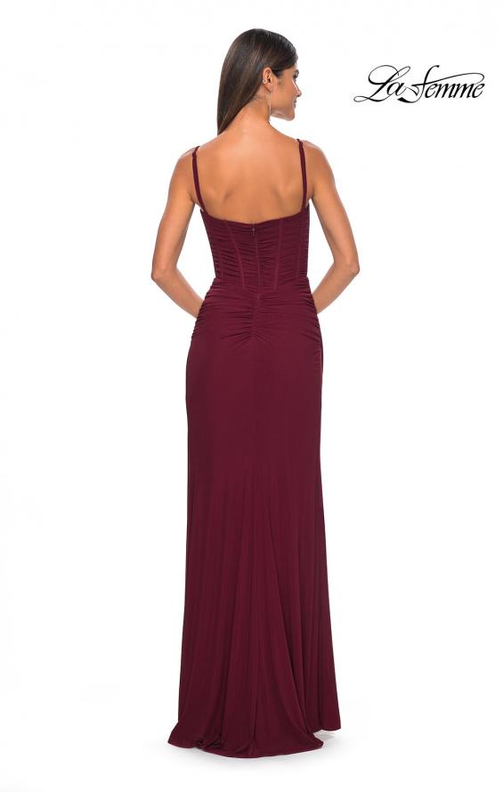 Picture of: Net Jersey Fitted Dress with Ruched Bustier Top in Wine, Style: 32239, Detail Picture 10