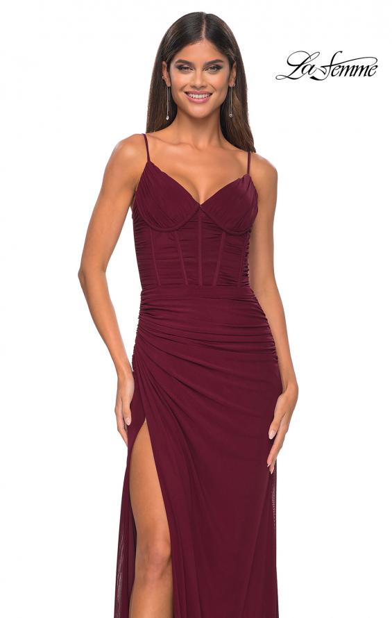 Picture of: Net Jersey Fitted Dress with Ruched Bustier Top in Wine, Style: 32239, Detail Picture 2