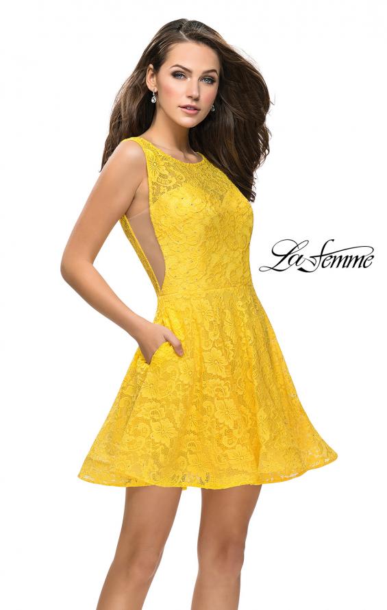 Picture of: Lace Short Dress with Rhinestones and Pockets in Yellow, Style: 26616, Detail Picture 3