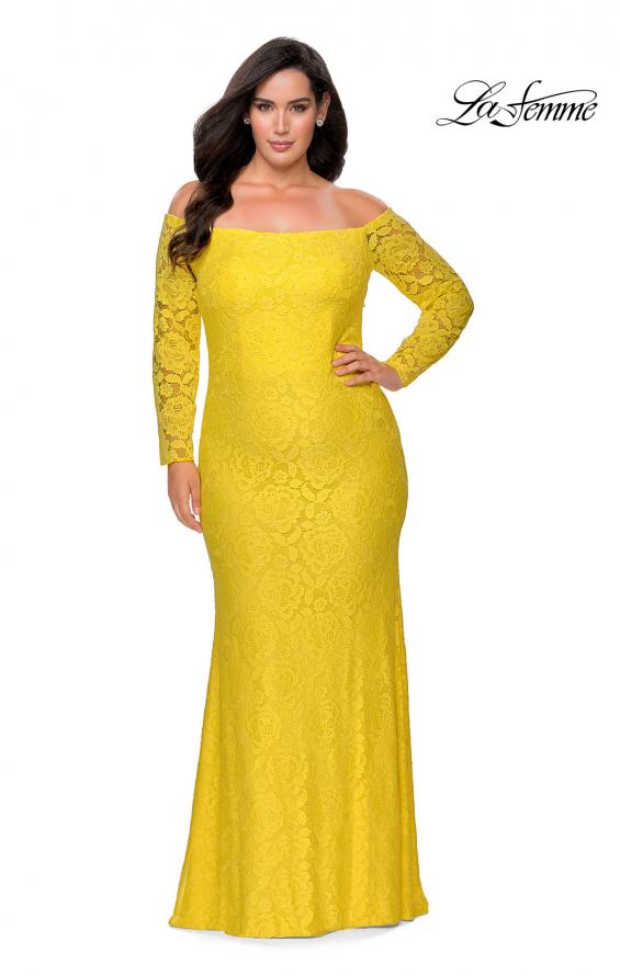 Picture of: Long Sleeve Off The Shoulder Lace Plus Size Dress in Yellow, Style: 28859, Detail Picture 2