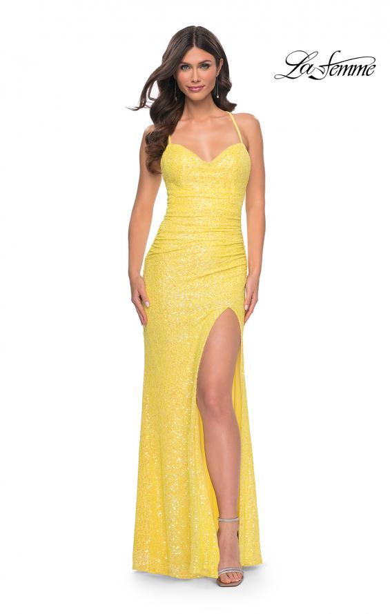 Picture of: Stretch Sequin Fitted Prom Dress with Open Back in Yellow, Style: 32330, Main Picture