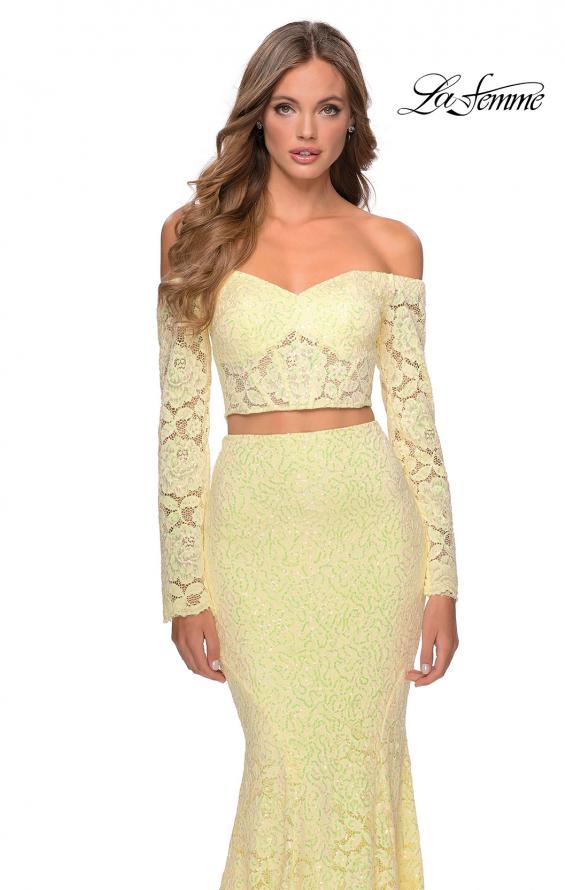 Picture of: Lace Sleeve Lace and Sequin Two Piece Prom Dress in Yellow, Style: 28666, Detail Picture 8