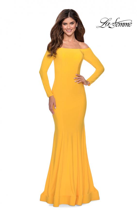 Picture of: Off the Shoulder Long Sleeve Jersey Prom Dress in Yellow, Style: 28754, Back Picture