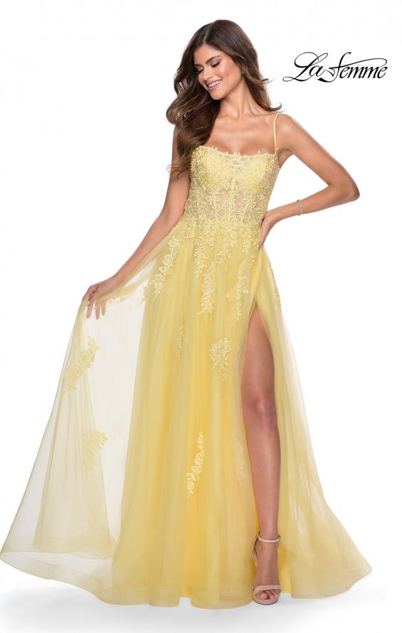 Picture of: A-line Tulle Gown with Floral Embroidery and Pockets in Yellow, Style: 28470, Detail Picture 1