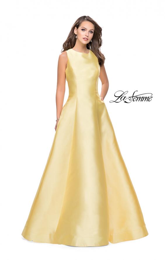Picture of: Long Mikado Ball Gown with Boat Neck and Criss Cross Back in Yellow, Style: 25425, Detail Picture 2