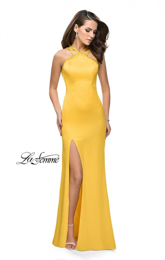Picture of: Satin Prom Gown with Beaded Straps and Open Back in Yellow, Style: 25906, Detail Picture 2